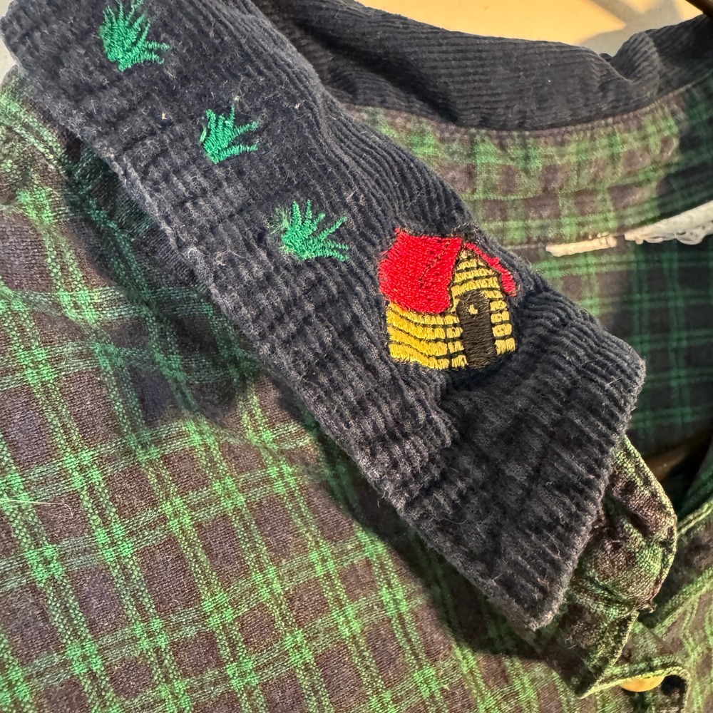 Vtg 90s Embroidery Scottie Dog Plaid Flannel Green Corduroy Cottagecore Farmcore - Picture 6 of 8
